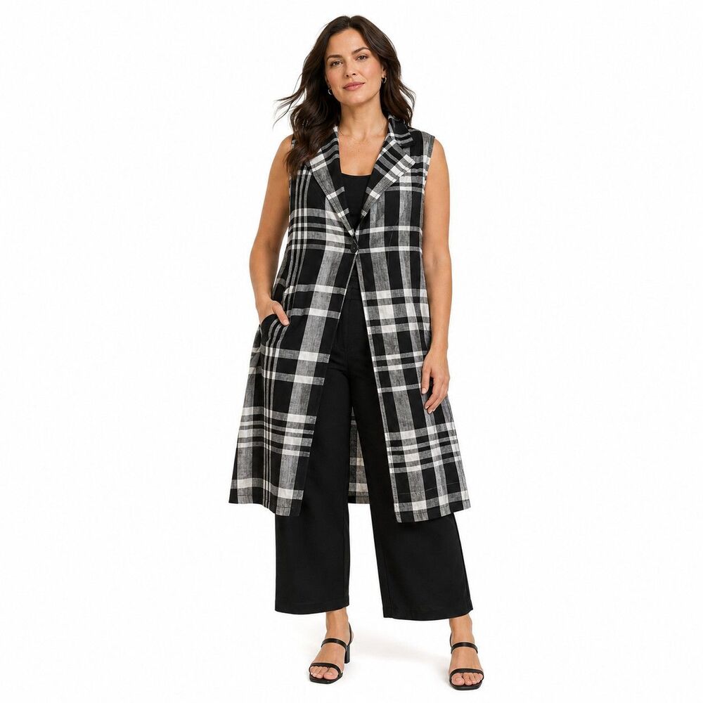 FLAX Vest Womens Large Black Plaid Linen Button Front Longline Duster Pockets